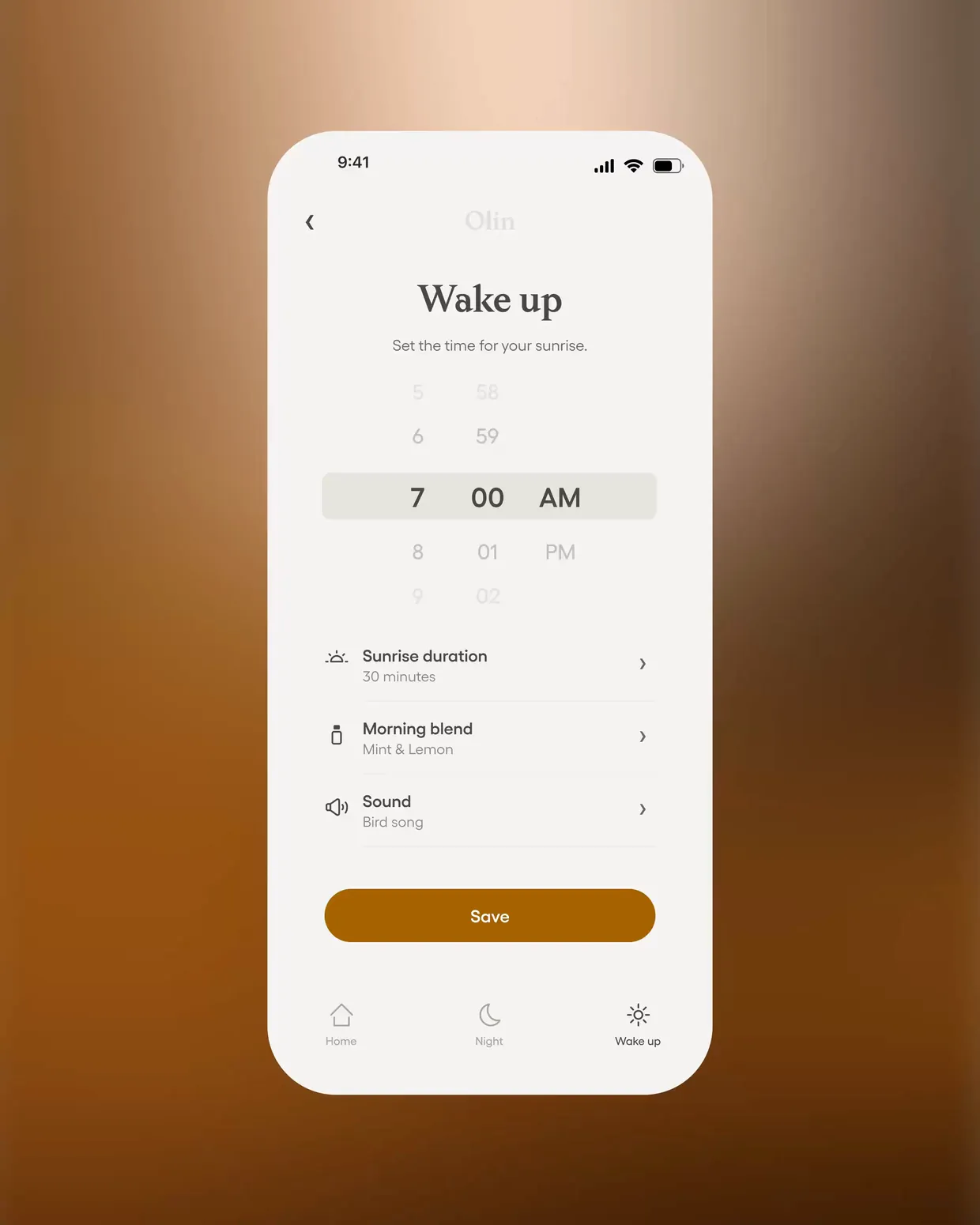 The Olin app's wake-up screen: the time set to 7:00 AM, sunrise duration, morning blend and sound below, and a tap on Save.